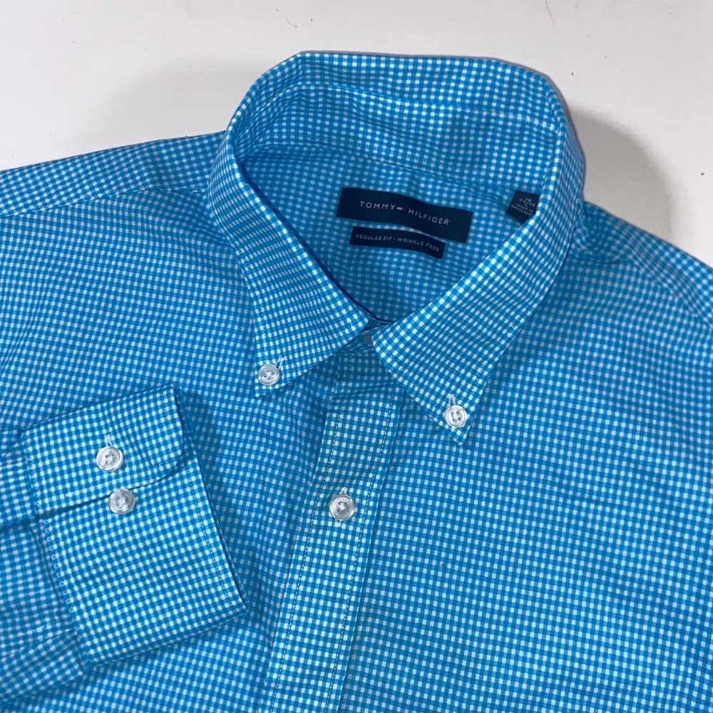 Tommy Hilfiger Mens Blue Gingham Regular Fit Wrinkle Free Button Down Shirt L 16